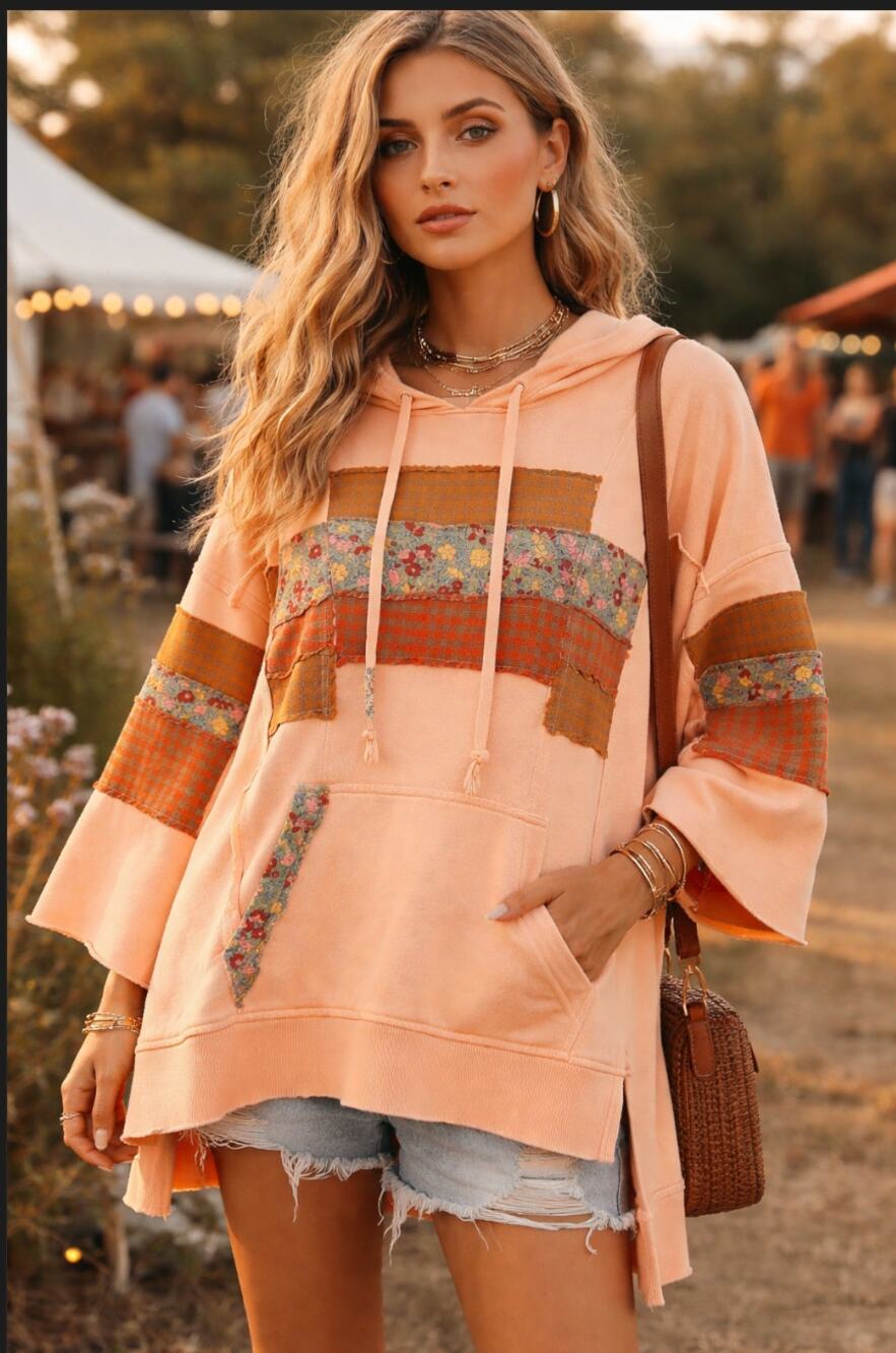 Easel Patchwork Hoodie Tunic Peach Floral Boho Oversized Medium NWT - Picture 2 of 8